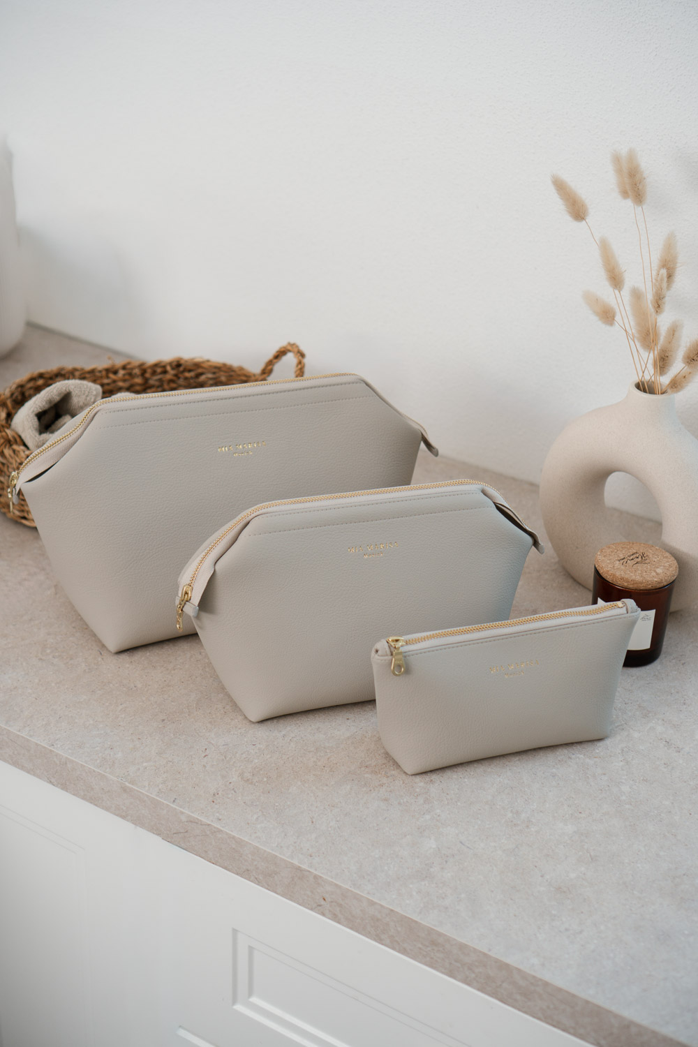 Kosmetiktaschen Set – beige vegan – personalisierte Geschenkidee